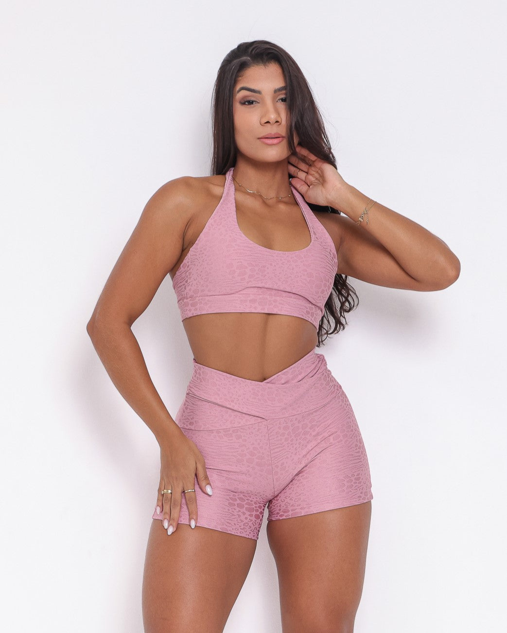 Conjunto Short Básico Jacquard Feline Cós Cruzado + Top Jhully