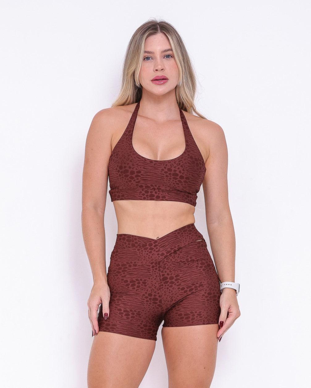 Conjunto Short Básico Jacquard Feline Cós Cruzado + Top Jhully